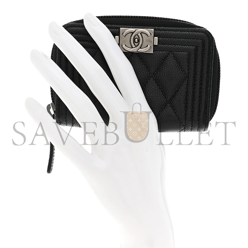 CHANEL CAVIAR QUILTED BOY ZIP AROUND COIN PURSE WALLET BLACK A80602 (11*7.5*2cm)